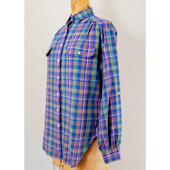 Vintage 80s prairie style, purple plaid button down shirt, women's small med - Picture 7 of 9